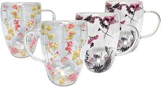 11oz Borosilicate Double Glass Mug, 2x Pink White and 2x Purple Dried Flowers, Set of 4, Designed in Italy