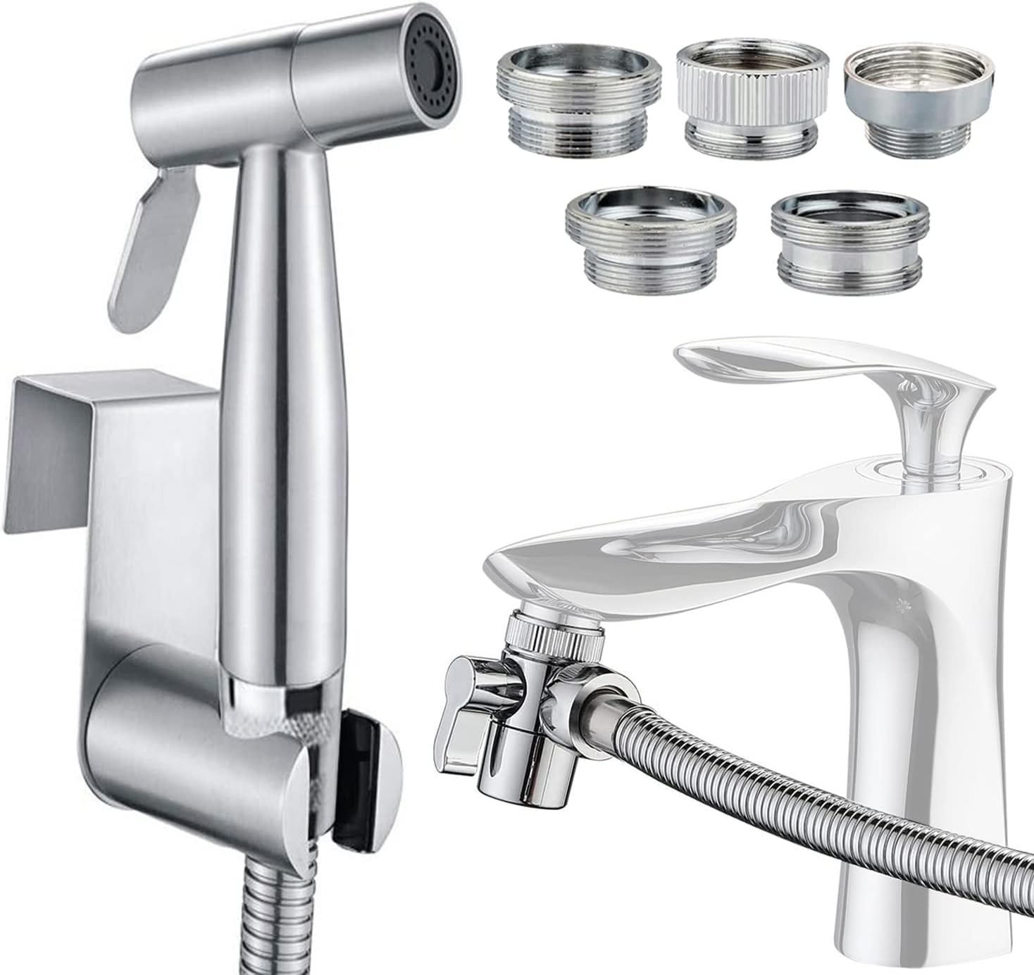 Sink Sprayer Hose Attachment for Faucet, Faucet Head Replacement with 5 Adapters, 59" Hose and Holder - for Feminine Hygiene, Baby Diaper Cleaning & Pet Bathing