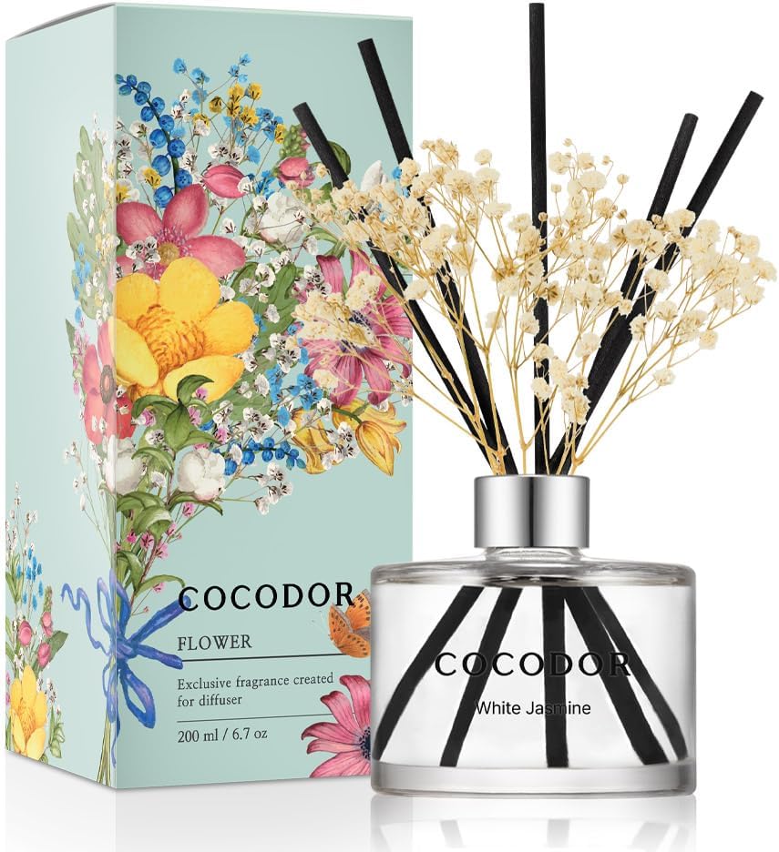Cocod'or COCODOR Flower Reed Diffuser set / 6.7oz / White Jasmine/Scent Diffuser with Sticks Home Fragrance Reed Diffuser for Bathroom Shelf Decor