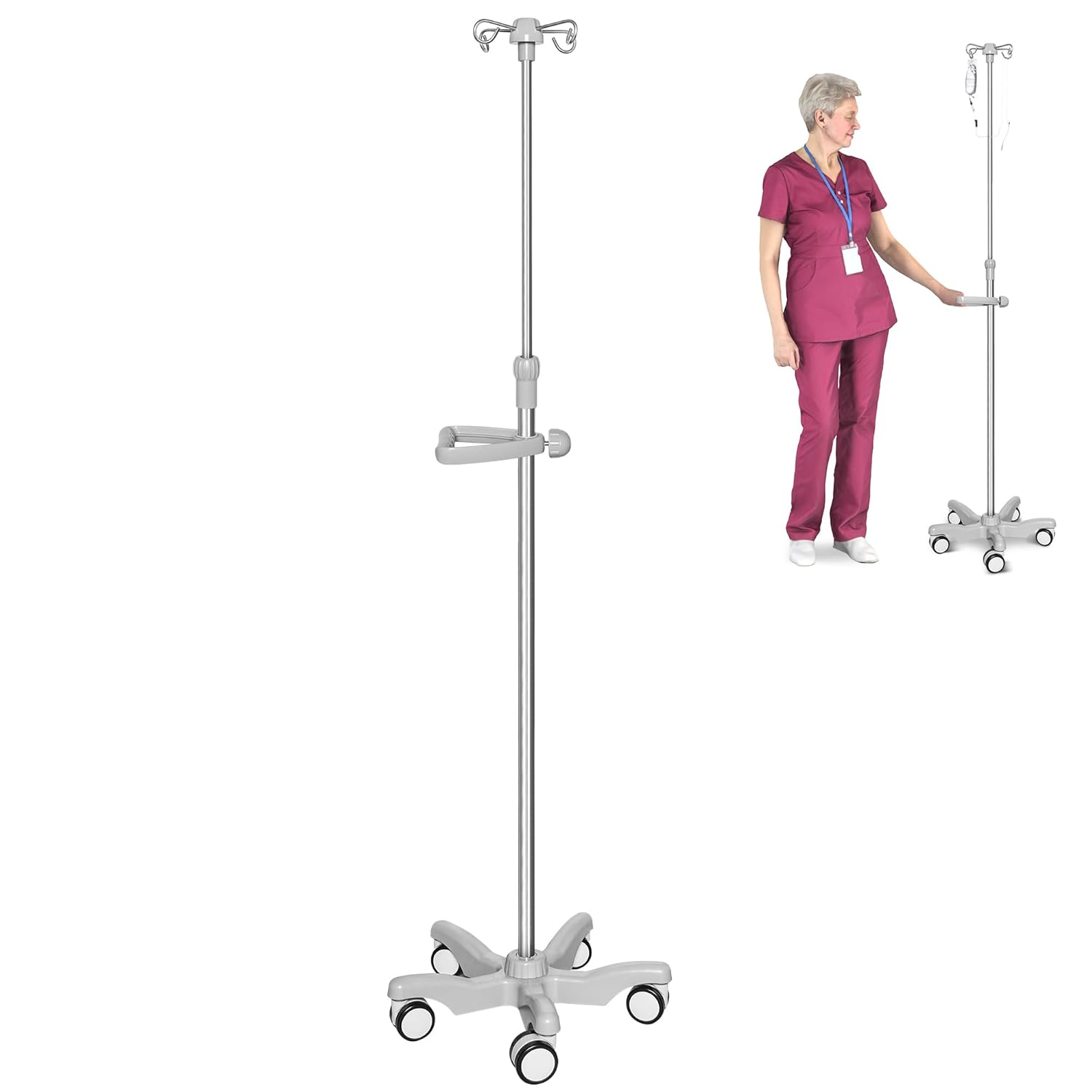 IV Pole with Wheels Medical Portable IV Stand Pole, IV Bag Stand with Removable IV Bag Holder, Adjustable Height Pole, 4 Hook & 5 Caster Base