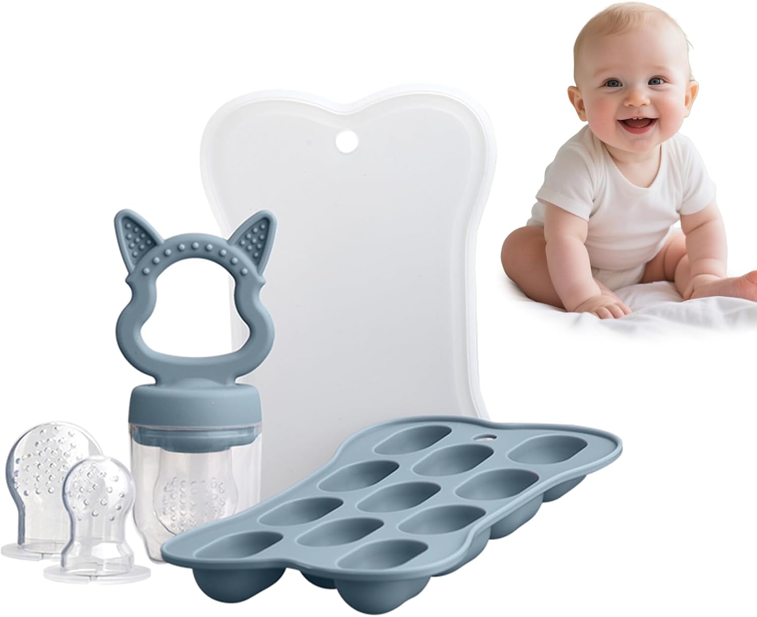 Baby Fruit Feeder – Silicone Baby Food Feeder Pacifier & Freezer Tray Set, Safe Fruit Feeder for Babies, Breastmilk & Puree Storage, Teething Dummy Fruit Feeder, Weaning & Self-Feeding Training Tool