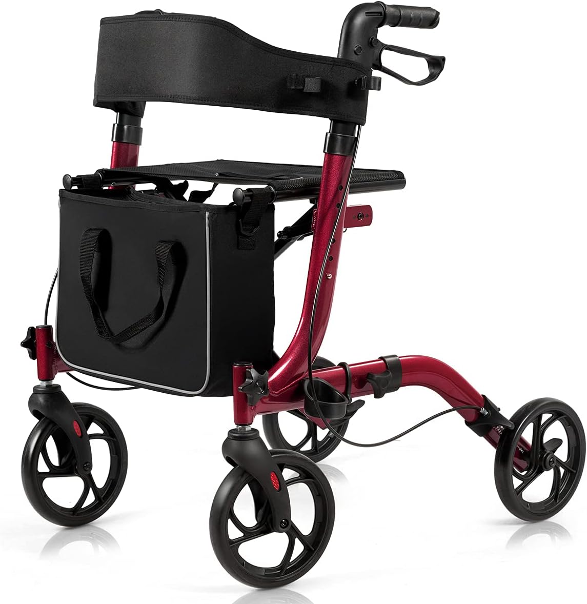 COSTWAY Folding Rollator, 4 Wheels Mobility Walker with Seat, Break, Adjustable Handle, Cane Holder and Detachable Storage Bag, Lightweight Walking Aid for Elderly Handicapped (Red)