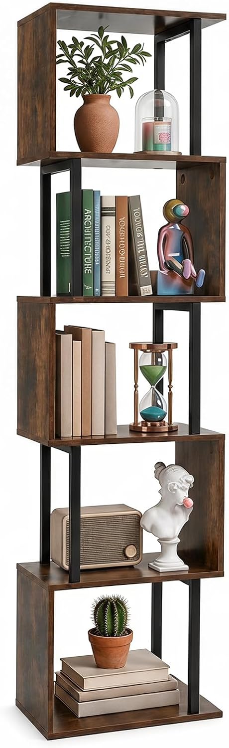 GIANTEX 5-Tier Geometric Bookshelf, S-Shaped Wood Bookcase w/Metal Frame