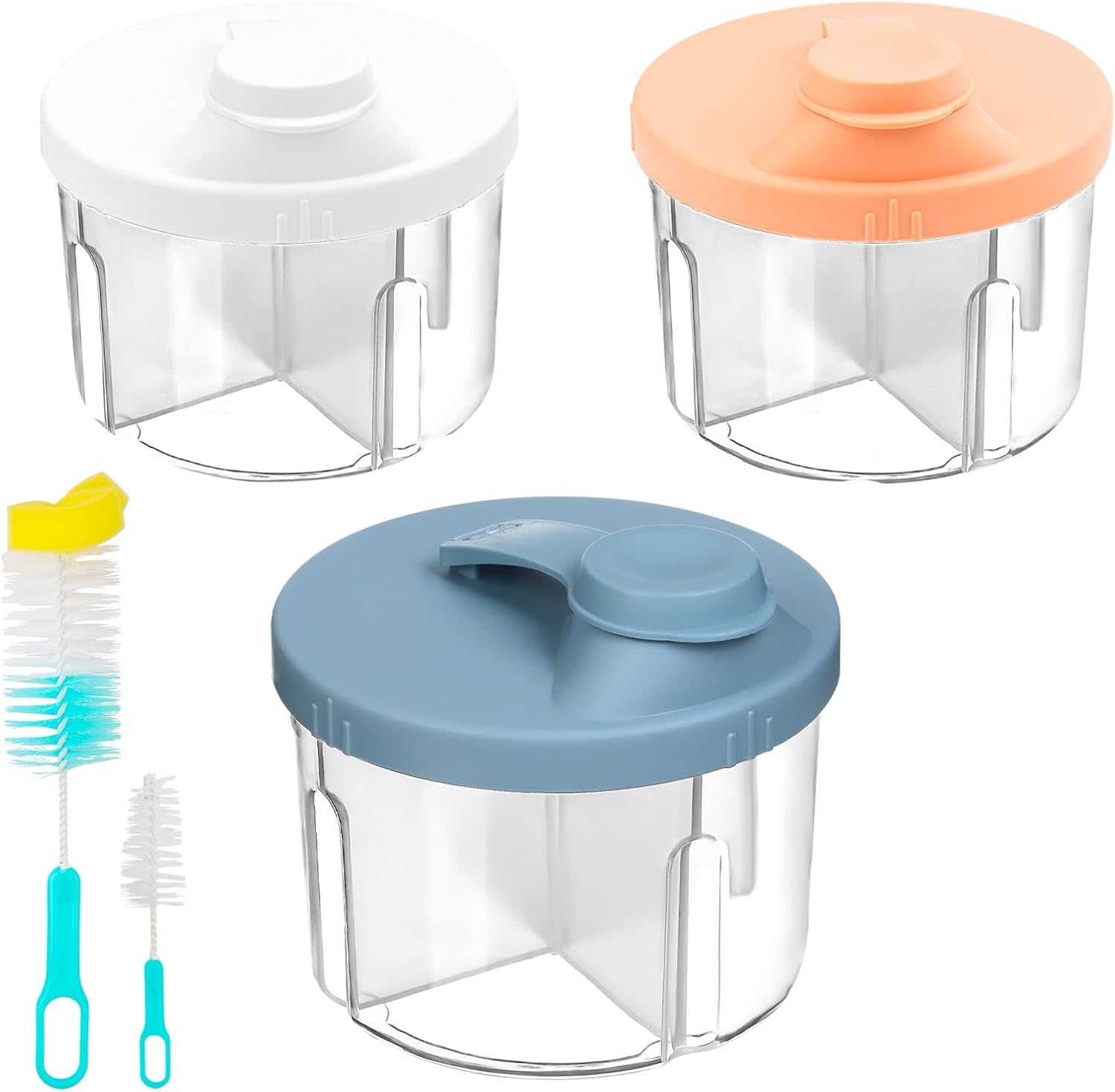 Sebudion Baby Formula Powder Dispenser, 3 Pcs Baby Milk Powder Dispenser Pots, 2 Pcs Cleaning Brush, 4 Compartment Formula Storage with Swivel Lid, Suitable for Traveling, Outdoor