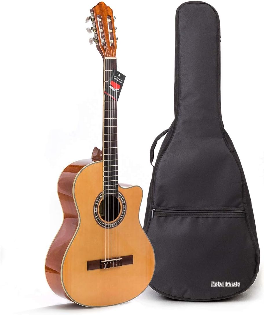 Cutaway Classical Guitar with Savarez™ Nylon Strings by Hola! Music™, Full Size 39 Inch Model HG-39C, Natural Gloss Finish - FREE Padded Gig Bag Included