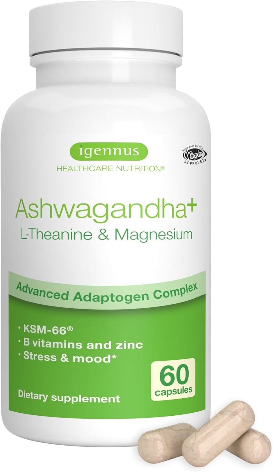 Igennus High Strength Ashwagandha Stress Relief Complex, L-Theanine & Magnesium & KSM-66 Root Extract Adaptogens, Methylated B Vitamins, Calm & Sleep Support, Clean Label, 60 Vegan Capsules