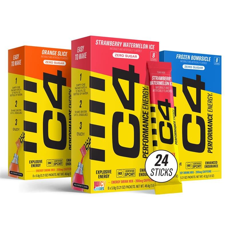 C4 Performance Energy, Variety Pack, 200mg Caffeine, Zero Sugar, NSF (3 boxes, 24 sticks)