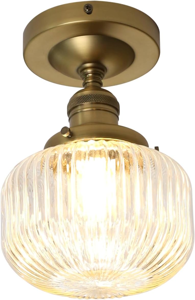JIMUBEAM Industrial Semi Flush Mount Ceiling Pendant Light, Clear Striped Glass Lampshade Farmhouse Light Fixture, Close to Ceiling Light Fixture for Porch, Hallway, Entryway, Kitchen, Bedroom