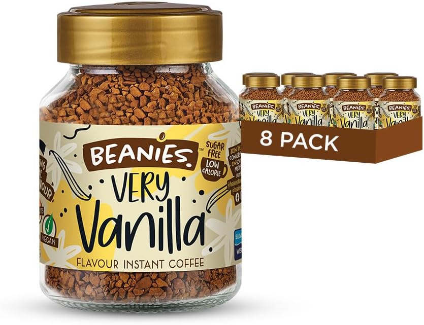 Beanies Instant Coffee with Very Vanilla Flavour, 400g (50g x 8 Pack) - Freeze-Dried Granules, Quick & Easy to Brew, Premium Taste,Rich in Flavour, Low-Calorie, Sugar-Free, Vegan