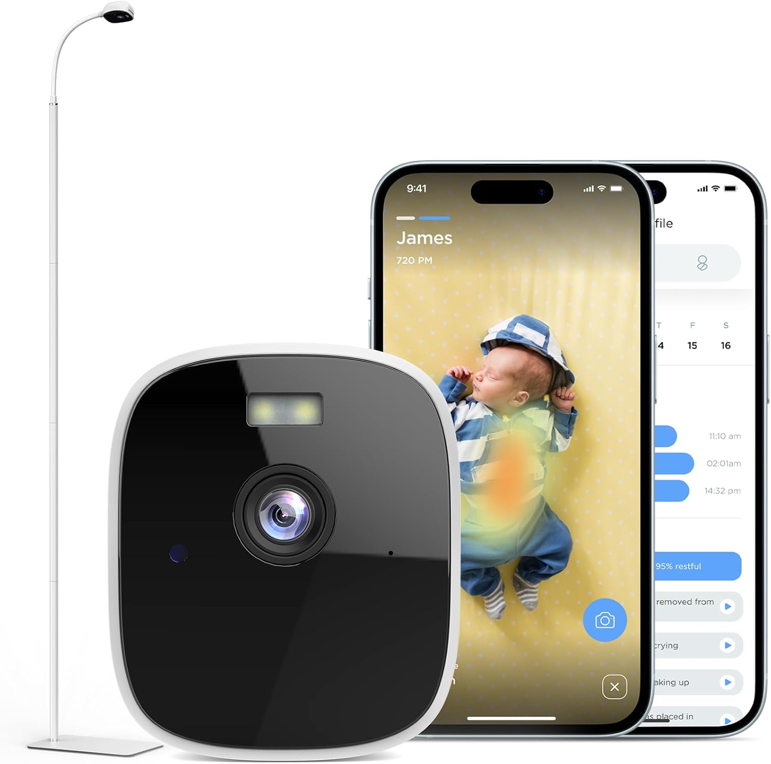 Maliton Smart Baby Monitor with Floor Stand, Baby Monitors with Camera and Audio, 2K Wi-Fi Video & Sound Camera, Sleep Cry Breathing Motion Tracker, 2-Way Audio, Night Vision AI Monitoring with App