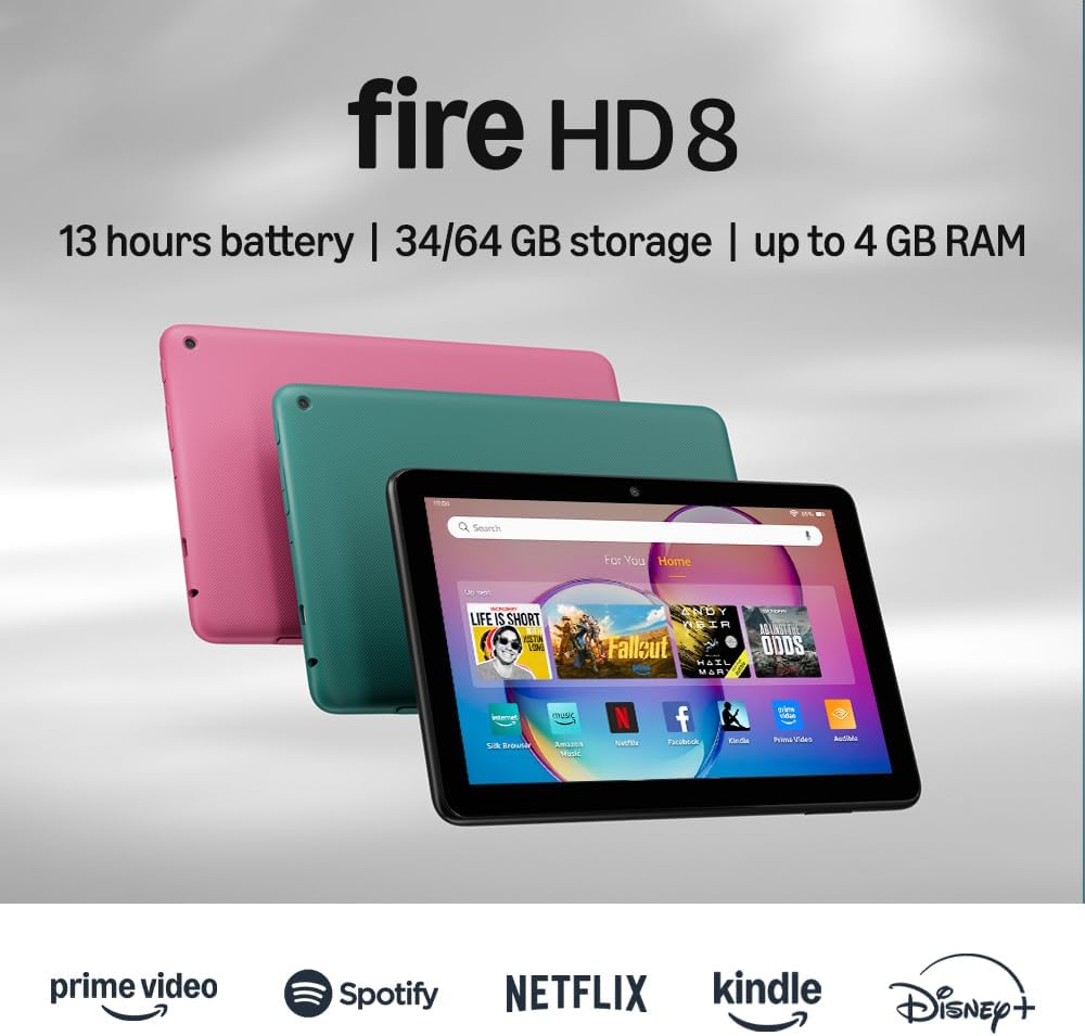 Amazon Fire HD 8 tablet (newest model), 8” HD Display, 3GB memory, 32GB, designed for portable entertainment, Black