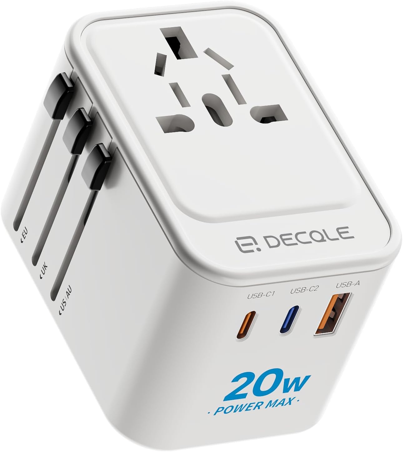 decqle Universal Travel Adapter, International Travel Plug Adapter with 2 USB-C(PD 20W) ＆ 1 USB-A Ports, All in One Portable AC Adapter for USA, UK, EU, AU ＆ 224+ Countries (White)
