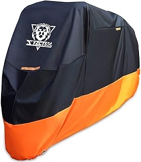 XYZCTEM Motorcycle Cover – All Season Waterproof Outdoor Protection – Fit up to 116 inch Tour Bikes, Choppers and Cruisers – Protect Against Dust, Debris, Rain and Weather(XXXL,Black& Orange)
