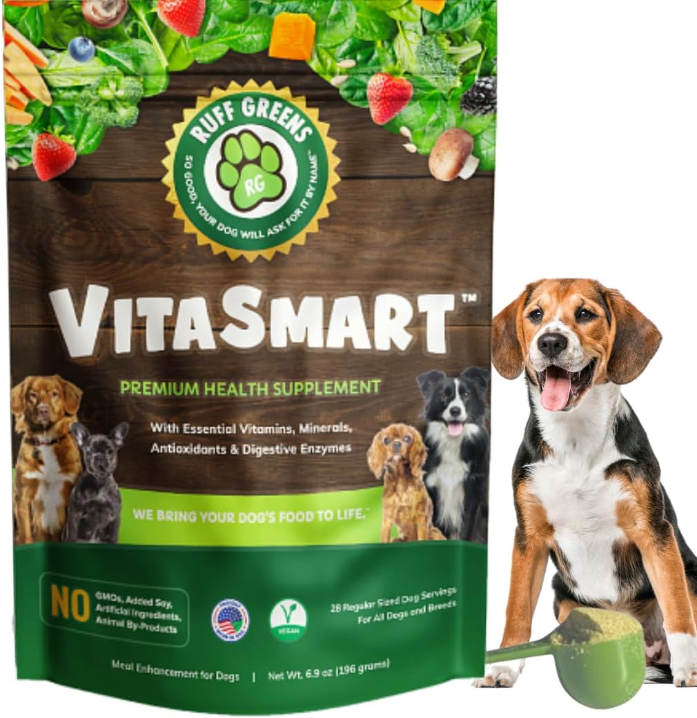 Dog Food Topper for Dogs – VitaSmart Powder with 25 Vitamins & Minerals, 15 Probiotics & 20 Digestive Enzymes – Gut, Immune, Skin & Mobility Support – All Breeds & Ages – Ruff Greens 6.9oz | with 25 Vitamins & Minerals, 15 Probiotics & 20 Digestive Enzymes – Gut, Immune, Skin & Mobility Support – All Breeds & Ages