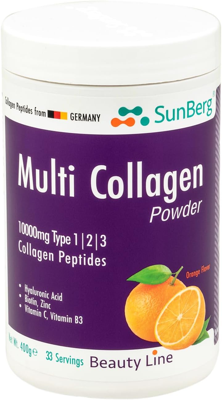 Sunberg Multi Collagen Powder - 1000mg Hydrolyzed Collagen Peptides Type I, II, III Hyaluronic Acid Biotin for Skin Hair Nail Joints Bones Muscles Teeth - 400mg Halal Collagen Complex Supplement