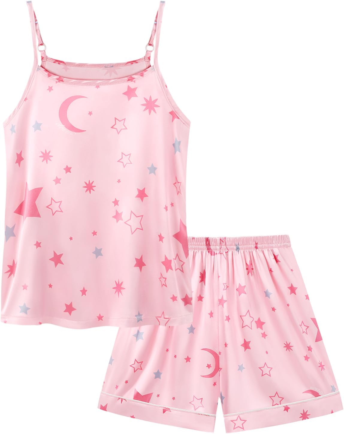 Weixinbuy Girls Pajamas Silk PJS Set Sleeveless Pajama Tank Elastic Waist Shorts Sleepwear Kids Summer Nightwear Clothes Set