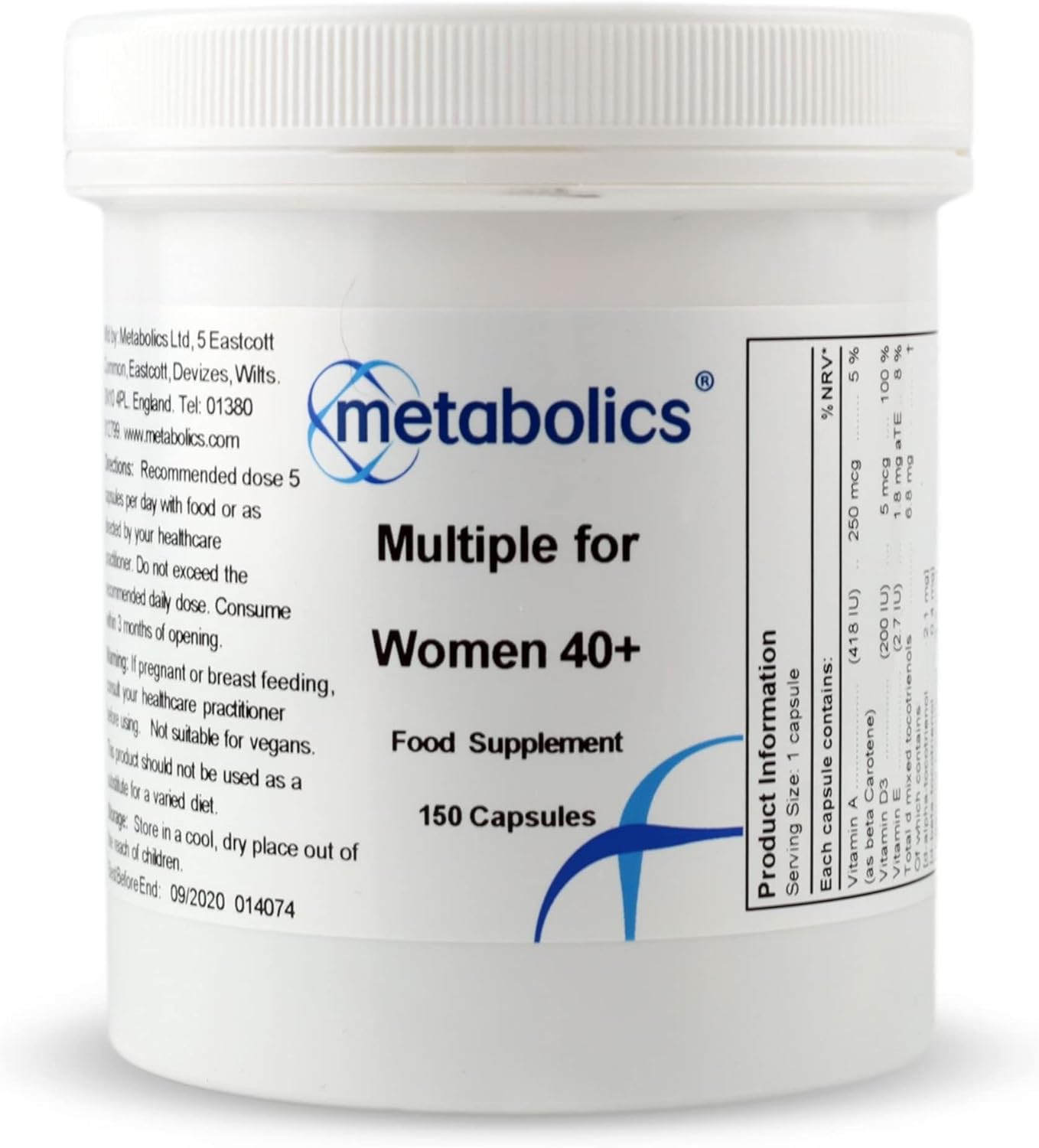 Metabolics Multivitamin and Mineral for Women Over 40 (Pot of 150 Capsules) | Specifically Tailored for Women Over 40- Additive Free