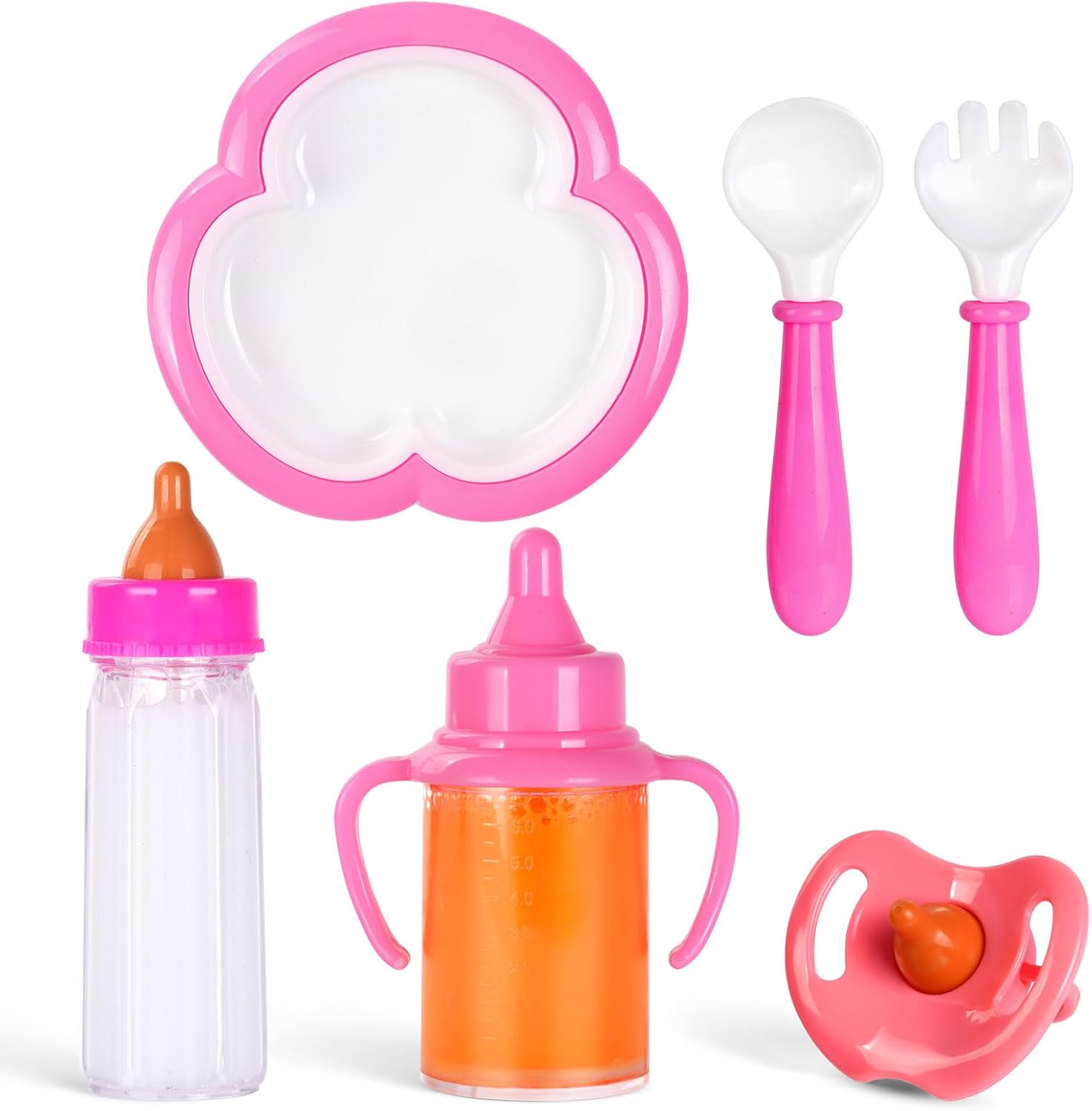 Aolso 6 Pcs Baby Doll Feeding Set, 2 Pcs Magic Baby Doll Milk Bottle and 1 Pcs Dummy, Spoons and Forks and 1 Dinner Plate, Baby Doll Feeding Accessories, Easy for Small Hands, Gift for Boy and Girl