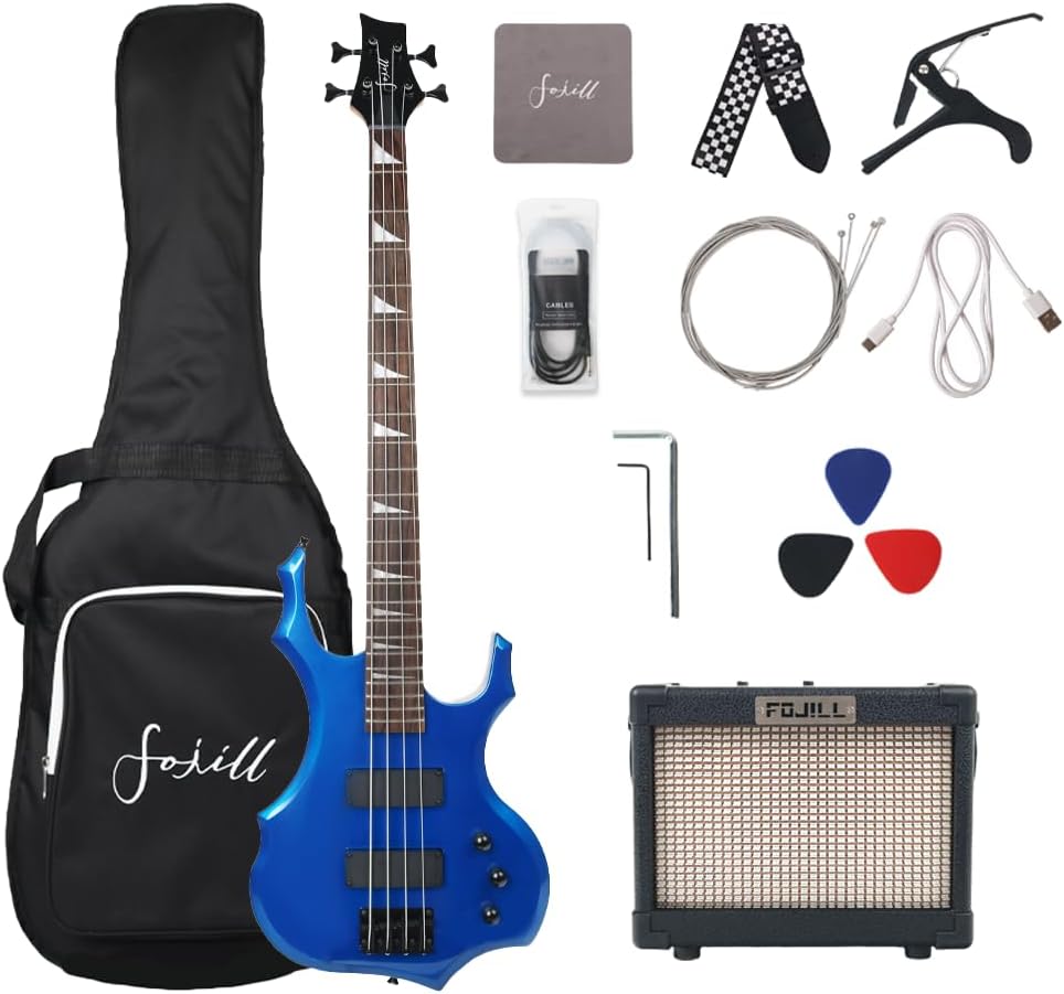 Fojill Full Size 4 Four String Electric Bass Guitar 10W Battery Power Bluetooth Amplifier Amp Beginner Starter Kit Set Combo Bundle Package Accessory Bag,Picks,Capo,Cable,Strings(Metallic Blue)