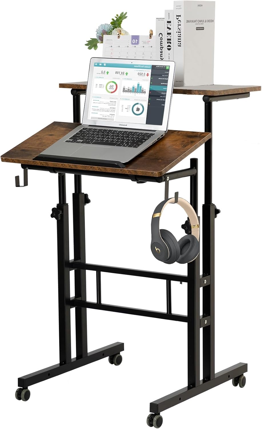 SIDUCAL Mobile Standing Desk, Portable Stand Up Desk, Small Adjustable Converter with Wheels Home Office Workstation, Rolling Laptop Cart for Sitting, Rustic Brown