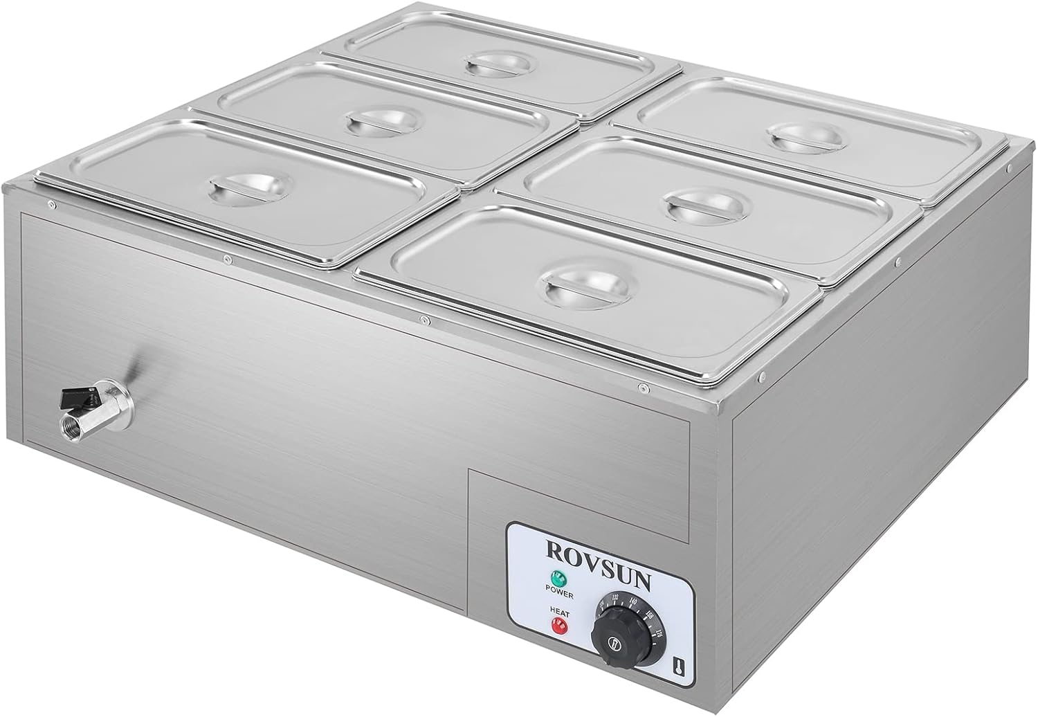 ROVSUN 42.3QT 1200W Electric Commercial Food Warmer, 6-Pan Steam Table 6.9 QT/Pan Stainless Steel Bain Marie Buffet Countertop with Temperature Control & Lid for Parties, Catering, Restaurants 110V