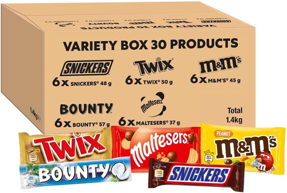 Mixed Bulk Chocolate Box, M&M's Peanuts, Snickers, Twix, Maltesers, Bounty, 1.4kg - 30 Full-Size- Milk Chocolate Bars & Bags, Ideal for Gift, Snacks, Hampers or Party Bags