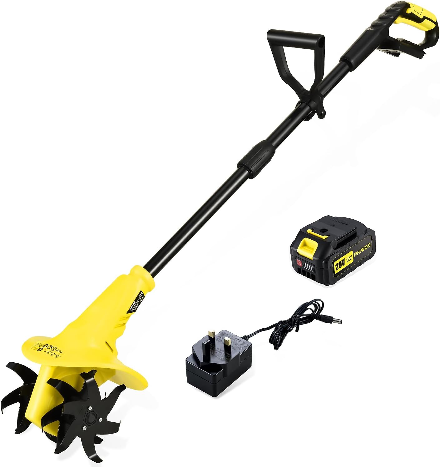 PHIWOS 20V Cordless Tiller Cultivator, Garden Soil Rotavator, 20cm Working Width, 13cm Working Depth, 4.0Ah Battery and Charger Include