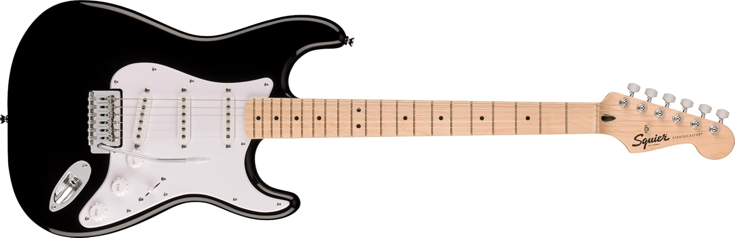 Squire Sonic Stratocaster Electric Guitar, Black, Maple Fingerboard, White Pickguard