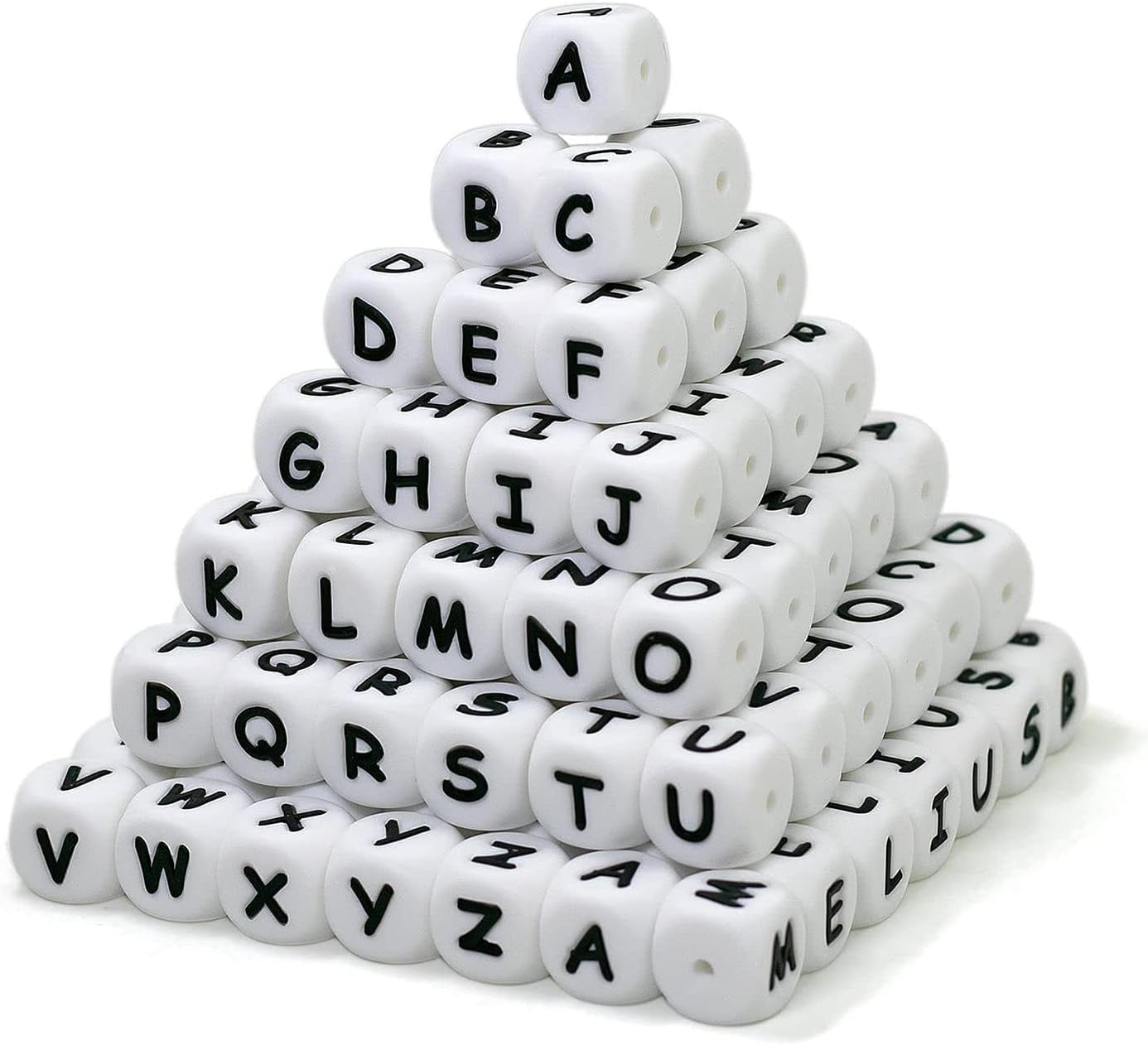 Melius 110Pcs Silicone Letter Beads 12mm A-Z (Extra for Vowel Letter) Even and Accurate Square Letters Beads for Bracelet Stethers Key Chains Necklace Lanyards (White)