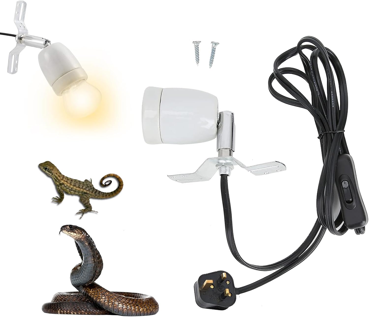 Reptile Heat Lamp Holder - 200W Ceramic Base, E27 Rotatable with ON/Off Switch, High-Temperature Resistant for Lizard, Snake, Turtle, Chicks (No Bulb)