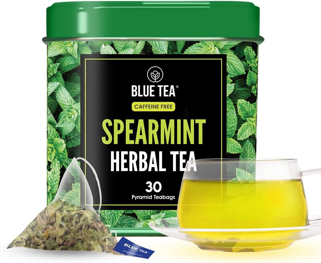 BLUE TEA - Spearmint Tea - 30 Count - Pyramid Plant Based Biodegradable Tea Bags | ANTIOXIDANT RICH | Caffeine Free - Non-Bitter - Herbal Tea - Non-GMO | Leaf Based - Mood Relaxing | Tin Pack