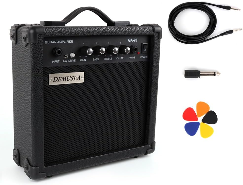 20W Pro Electric Guitar Black Amplifier Amp Practice Small Portable Travel Mini with Headphone Jack Aux Distortion Gain Treble Bass Volume Jack With 3 Meters Cable Audio Adapter Guitar Picks