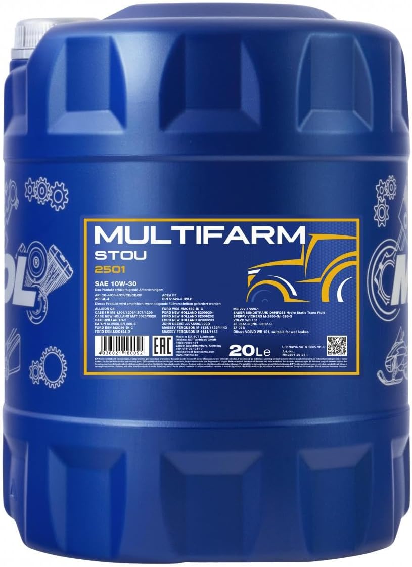 Mannol 20 Litre Multifarm STOU 10W-30 Engine Oil 2501 API GL-4 ACEA E3 Universal All Season Semi-Synthetic