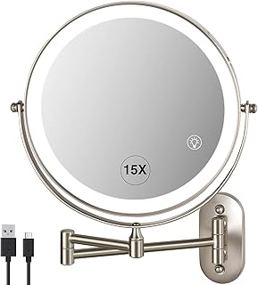 Magnifying Mirror with Lights 1x/15x: 8.5" Double Sided Wall Mounted Lighted Makeup Mirror for Bathroom, 3 Color Lights & 360°Swivel Vanity Mirror, Brushed Nickel