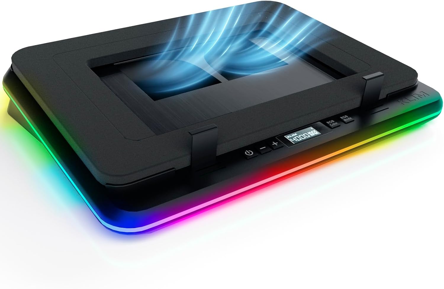 KLIM Turbofrost Gaming Laptop Cooling Pad - 4 Powerful Turbo Fans - 4 x 4000 RPM, Dynamic RGB, 4-Ports USB, Laptop Cooler 2 Power Modes USB-C/DC, Sealed Foam for Fast Cooling - Up to 17in - Black