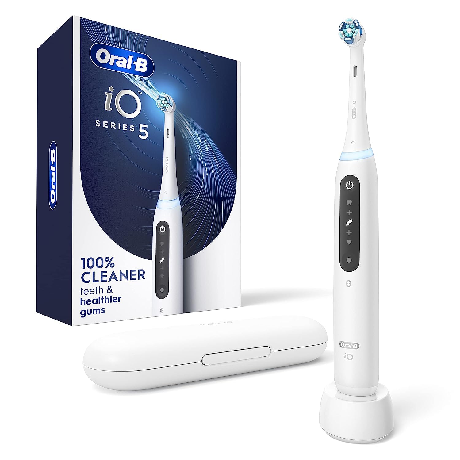Oral-B iO Series 5 Rechargeable Electric Toothbrush with Visible Pressure Sensor to Protect Gums, 2 Minute Timer, 5 Cleaning Settings, 1 Replacement Toothbrush Heads, and Travel Case, White