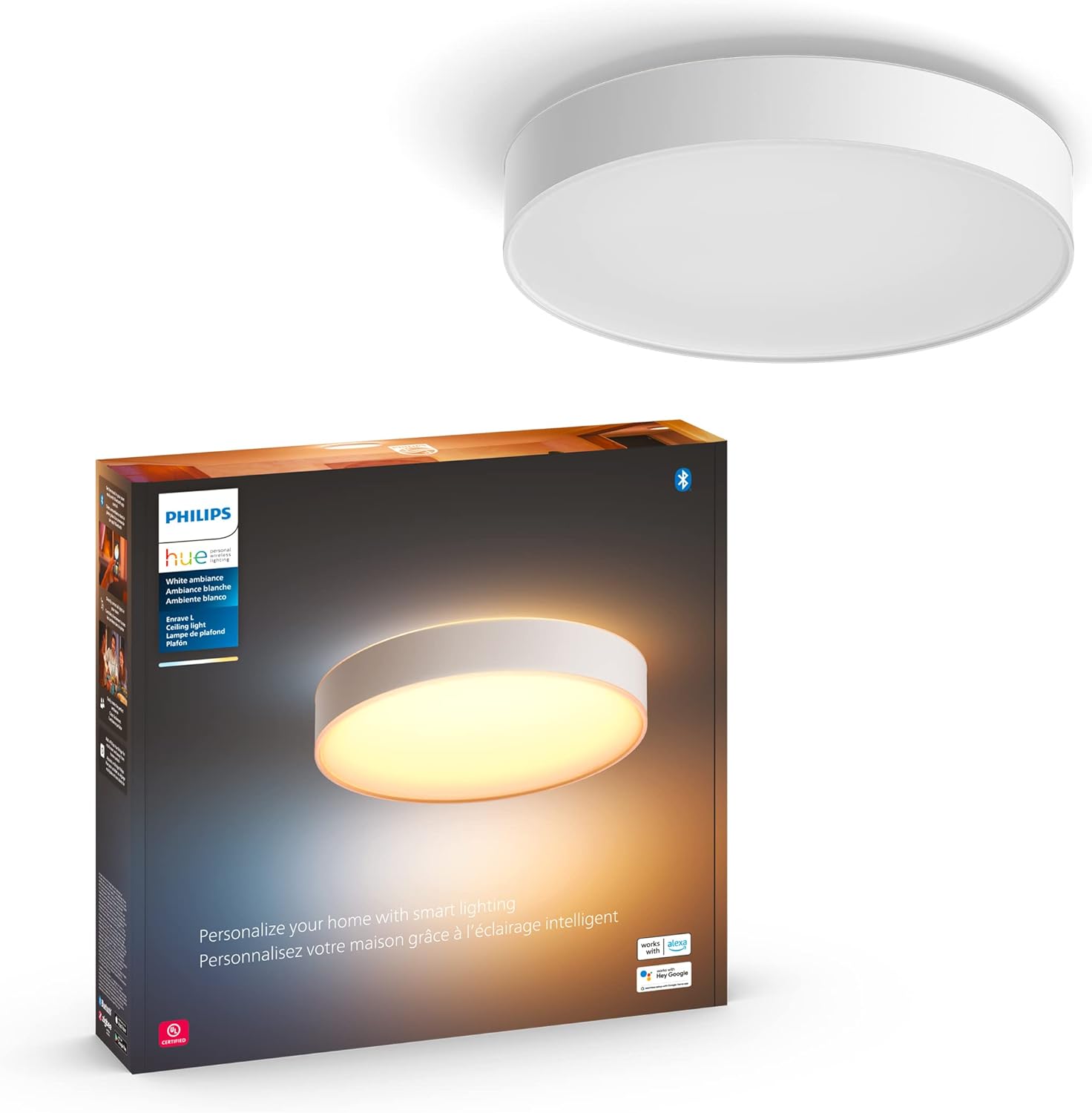 Philips Hue Enrave Large Ceiling Lamp, White - White Ambiance Warm-to-Cool White Smart LED Light - 1 Pack - Control with Hue App - Compatible with Alexa, Google Assistant, and Apple Homekit