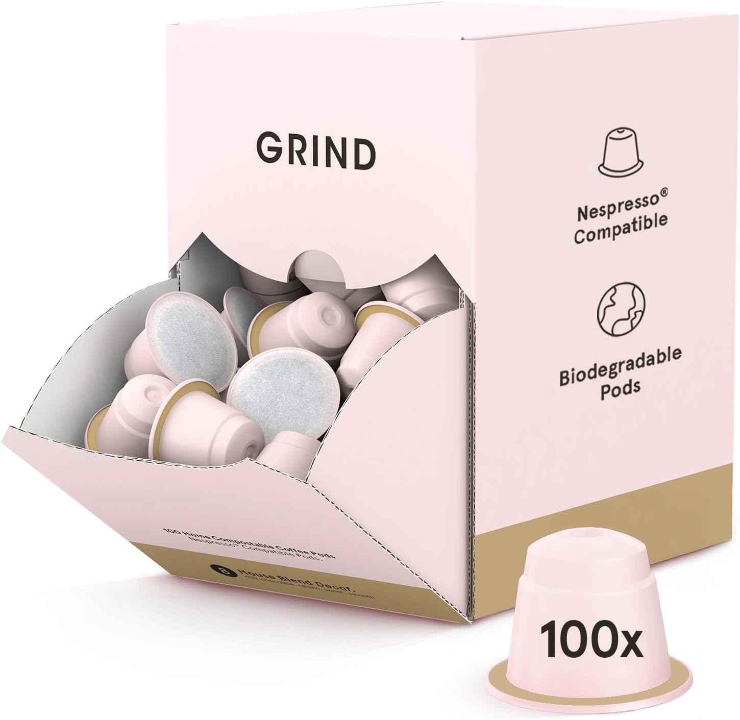 Grind Decaf House Blend Arabica Coffee Pods – Pack of 100 – Nespresso® Original Compatible Capsules – Home Compostable – Barista Quality – Medium Roast