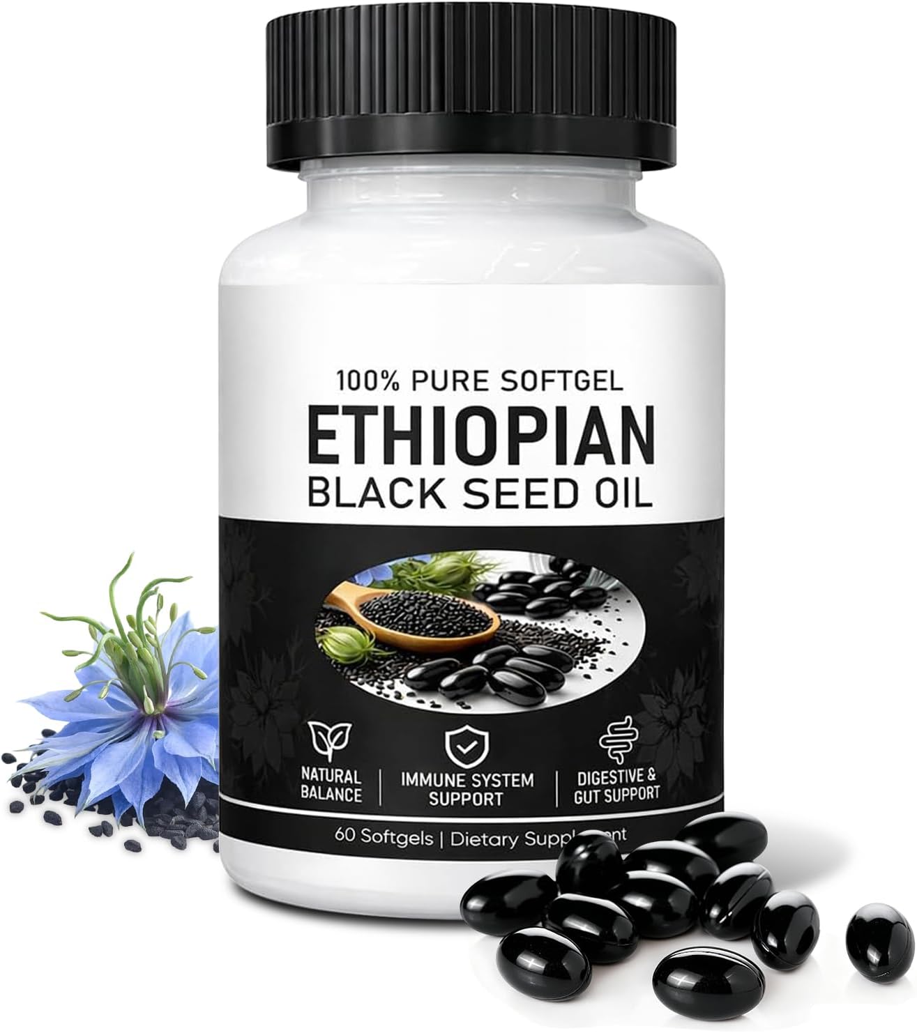Ethiopian Black Seed Oil Capsules 4.64% Thymoquinone – Purely Nutrient Organic Cold Pressed Black Cumin Seed Oil Softgels, Non-GMO, 60 Softgels, Gluten-Free
