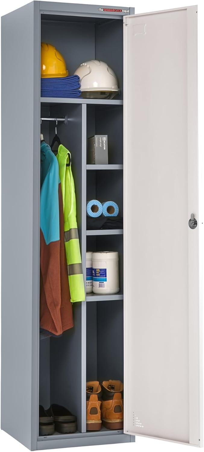Janitor Storage Locker, Secure, Durable Clothes & Workwear Steel Locker with Hanging Rail & 6 Compartments (Grey)