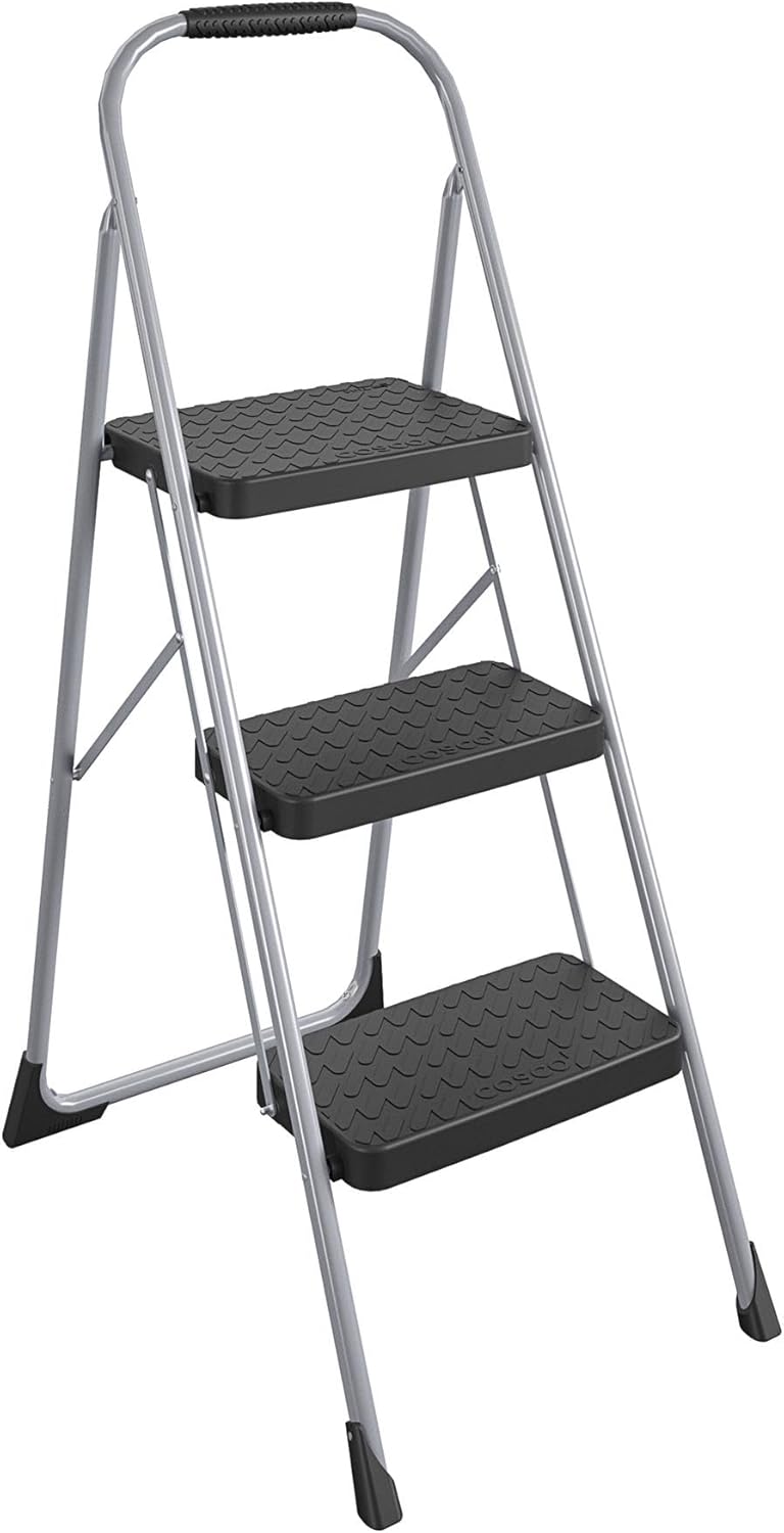 Cosco 11408PBL1E Three Step Big Step Folding Step Stool with Rubber Hand Grip, Grey
