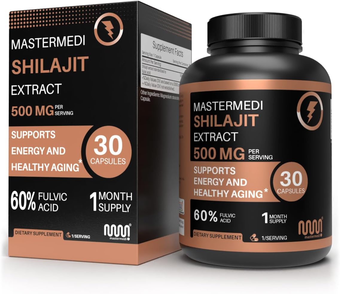 MasterMedi Himalayan Shilajit 500MG Per Serving, Capsules 30 Count with Fulvic Acid & Trace Minerals for Enhanced Energy and Immune Support Men & Women (1 Month Supply)