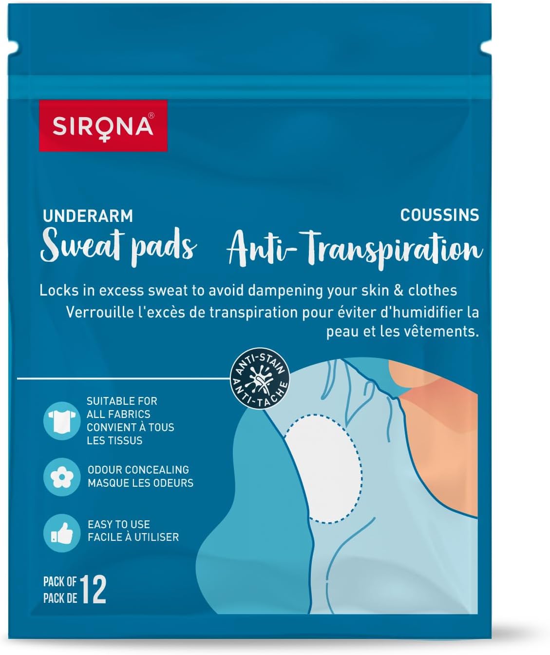 Sirona Disposable Underarm Sweat Pads | Ultra-Thin, Soft & Rash-Free Antiperspirant Shields | Absorbent Odour Blocker, Stain-Free Protection | Ideal for Hyperhidrosis | Pack of 12 Pads