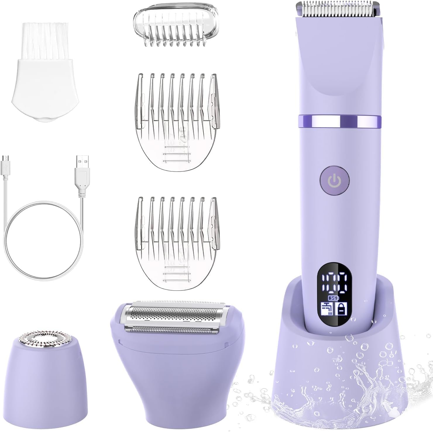 3-in-1 Electric Razor IPX7 Waterproof Bikini Trimmer Wet & Dry Use Painless Personal Trimmer Groomer for Ladies Face Body Legs Bikini Public Hairs Electric Lady Shaver with Replaceable Heads