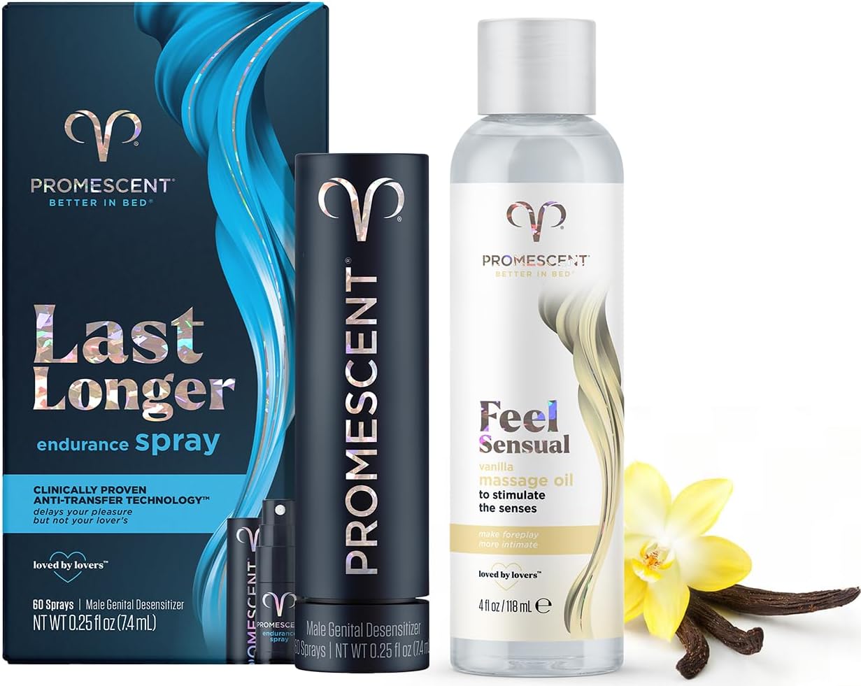 Promescent Desensitizing Delay Spray for Men + Vanilla Massage Oil for Massage Therapy, Massage Oils for Date Night, Sweet Almond Oil for Skin