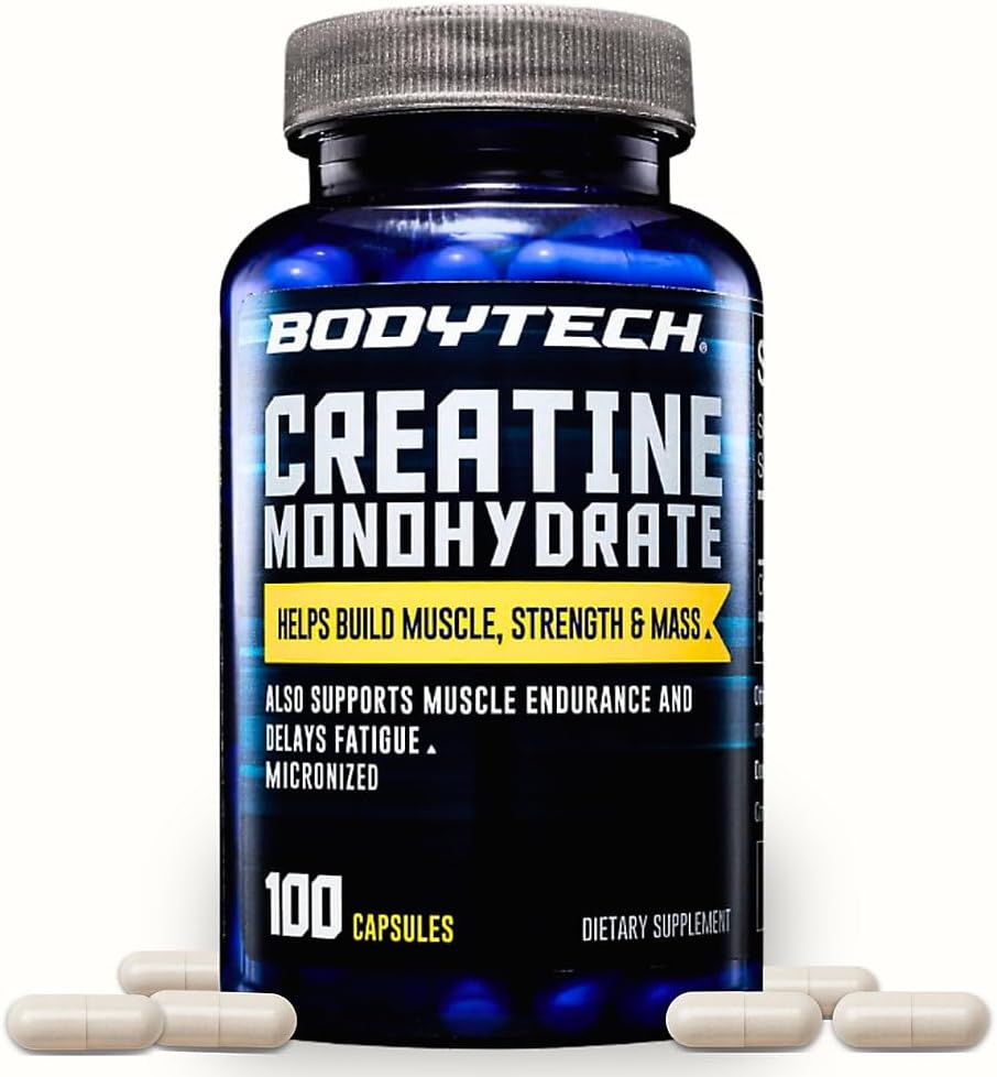 BodyTech Creatine Monohydrate Capsules, Micronized Creatine Formula for Men and Women, 2250 mg per Serving, Pre Workout & Post Workout Supplement, Gluten Free, Sugar Free, 100 Capsules