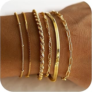 DEARMAY Gold Bracelets for Women Waterproof, 14K Real Gold Jewelry Sets for Women Trendy Thin Dainty Stackable Cuban Link Paperclip Chain Bracelet Pack Fashion Accessories Gifts for Womens
