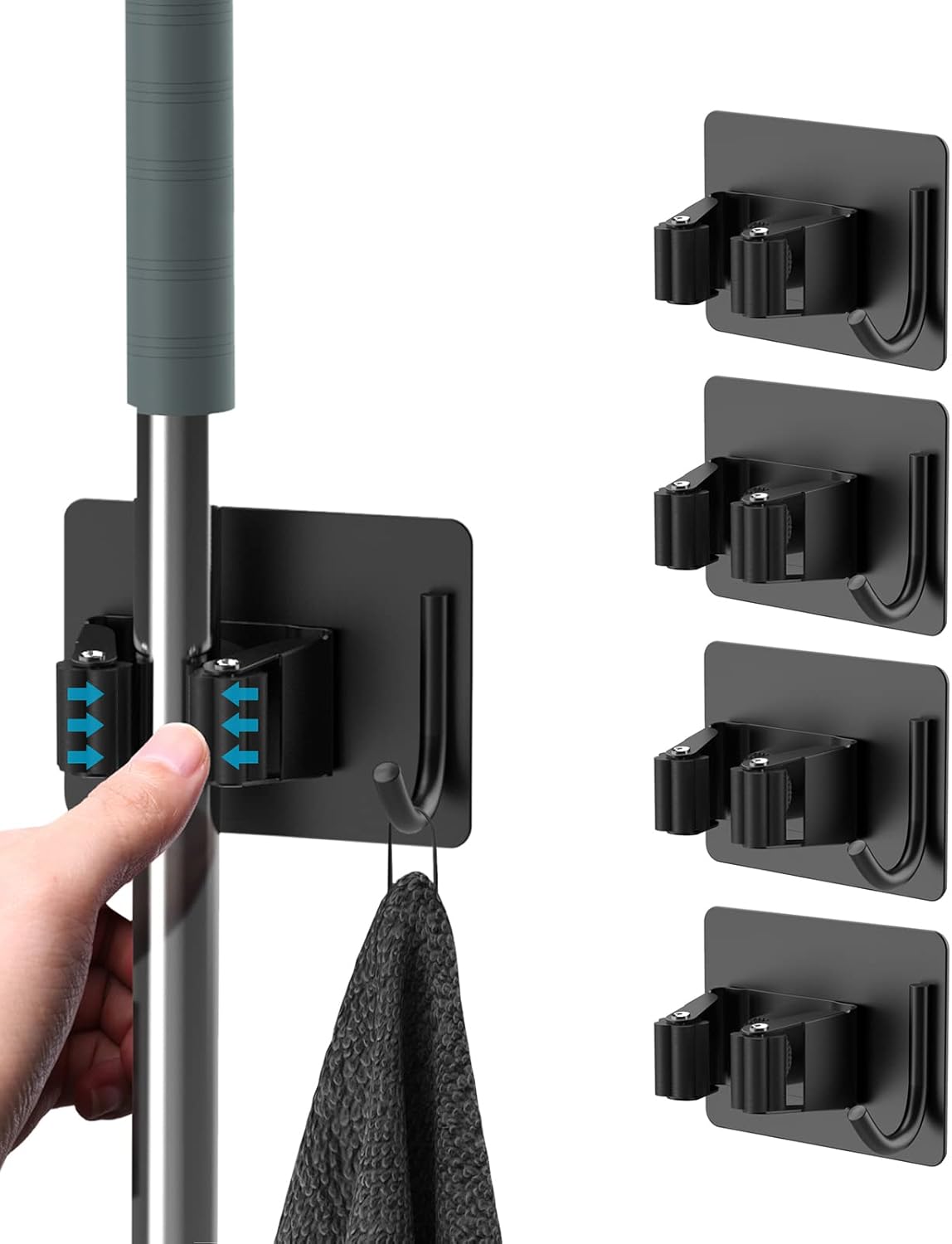 Mop Broom Holder, 4 Pcs Stainless Steel Self Adhesive Mop Holder Wall Mounted with Hooks Hanger Self-Adhesive Broom Holder for Bathroom, Kitchen, Office, Closet, Garden Garage(Black)