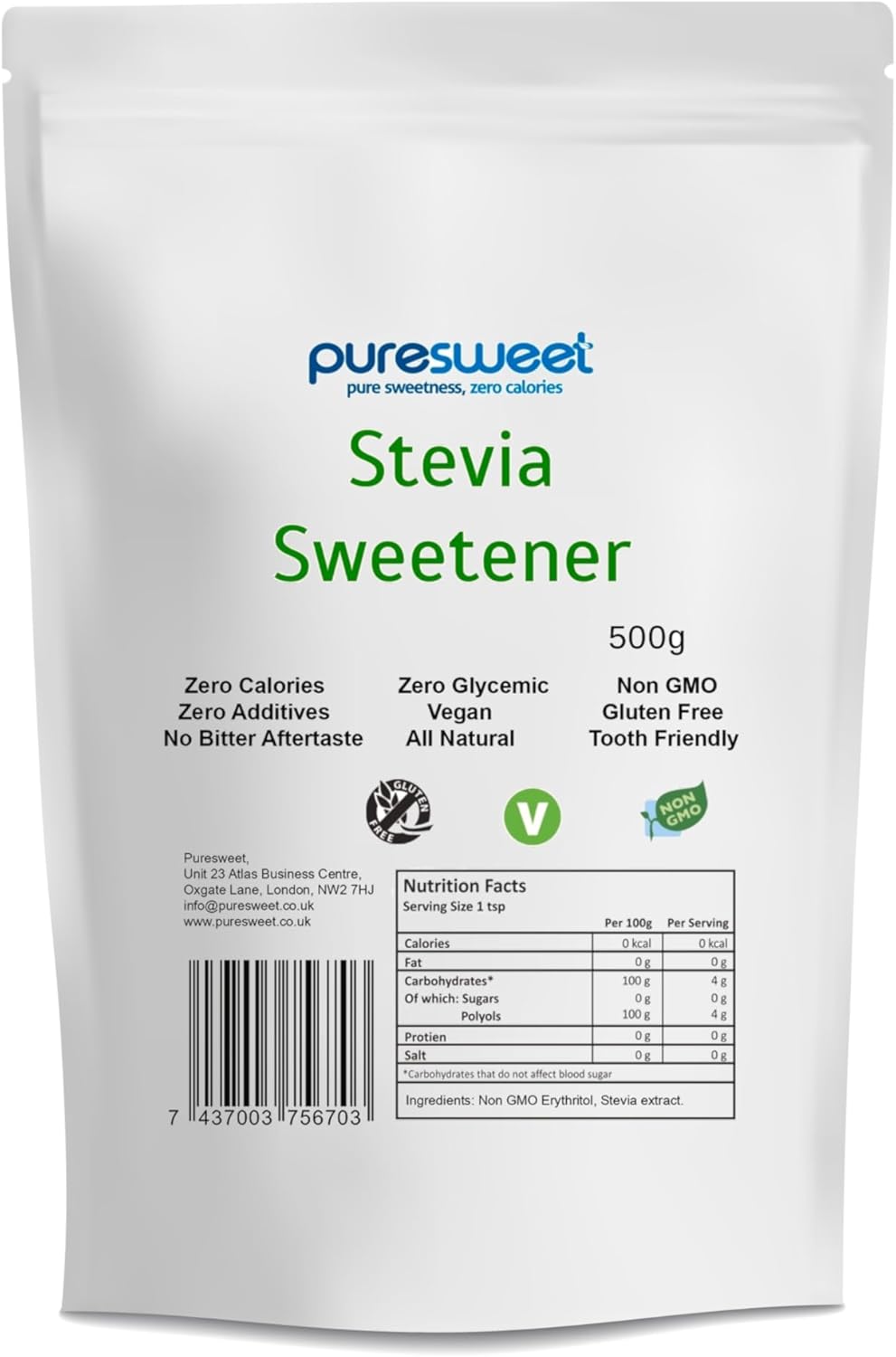 Puresweet® Premium Stevia Sweetener 500g Tastes Like Sugar, Diabetic and Keto Friendly, No Bitter Aftertaste,