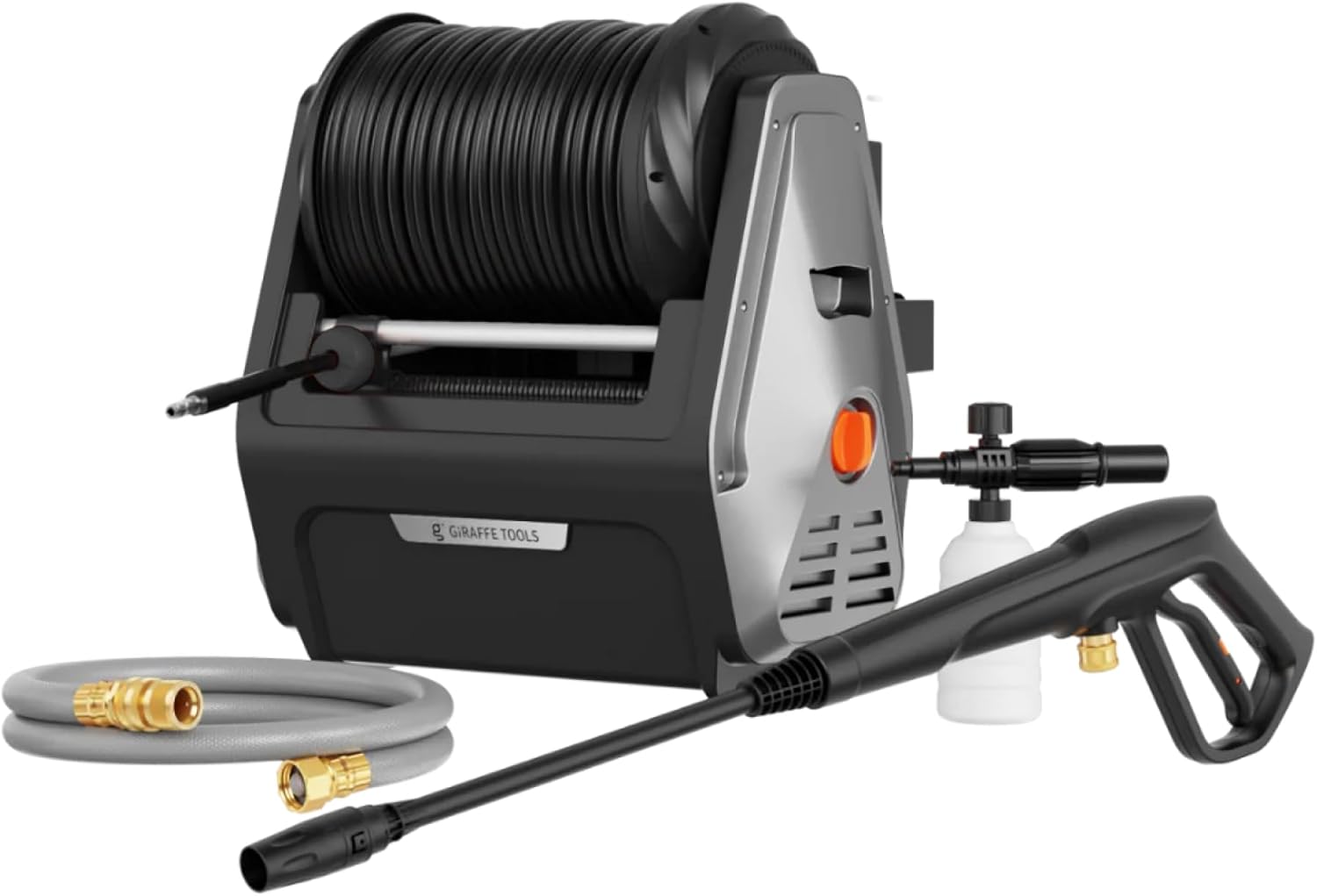 Giraffe Tools Wall Mounted Pressure Washer Plus+, Max 2400 PSI, 2.0 GPM Electric Power Washer with 30M Retractable Hose, 500 ML Foam Cannon, 0°-40°Rotary Nozzle for Cars/Patios, Black Hard Hose